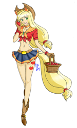 Size: 1066x1777 | Tagged: safe, artist:carteraug21, applejack, human, belly button, boots, cleavage, clothes, cowboy hat, denim skirt, eared humanization, female, front knot midriff, hat, humanized, light skin, midriff, sailor moon, short skirt, skirt, solo, stetson, tailed humanization