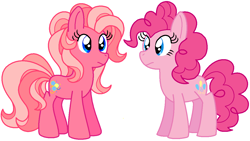 Size: 1169x660 | Tagged: safe, artist:heartinarosebud, pinkie pie, pinkie pie (g3), earth pony, pony, g3, g3 to g4, generation leap, generational ponidox, self ponidox, simple background, white background