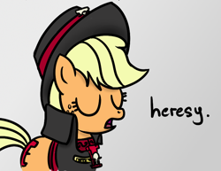 Size: 758x584 | Tagged: safe, artist:miketheuser, edit, editor:closed bracket, applejack, earth pony, pony, clothes, colored, crossover, dialogue, eyes closed, female, gray background, hat, heresy, imperium, inquisition, inquisitor, mare, open mouth, reaction image, simple background, warhammer (game), warhammer 40k