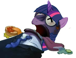 Size: 500x380 | Tagged: safe, artist:alui, derpibooru import, edit, twilight sparkle, fish, dead, health inspector, nasty patty, solo, spongebob squarepants, tongue out, twilight burgkle, unconscious, x eyes