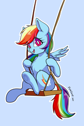 Size: 2000x3000 | Tagged: safe, artist:foxcarp, derpibooru import, rainbow dash, pegasus, pony, backwards cutie mark, chest fluff, commission, cute, dashabetes, ear fluff, female, high res, mare, simple background, smiling, solo, swing, underhoof, ych result