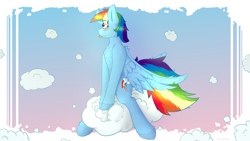 Size: 2560x1440 | Tagged: safe, artist:fuzzypones, derpibooru import, rainbow dash, pegasus, pony, :p, blushing, chest fluff, cloud, female, riding, sitting, sky, solo, tongue out