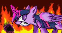 Size: 1366x728 | Tagged: safe, artist:xxmarkingxx, derpibooru import, twilight sparkle, twilight sparkle (alicorn), alicorn, pony, angry, female, fire, mare, rage, solo, xk-class end-of-the-world scenario