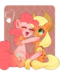 Size: 1158x1424 | Tagged: safe, artist:saiduki, applejack, pinkie pie, earth pony, pony, applepie, cute, diapinkes, female, heart, hug, jackabetes, lesbian, pixiv, shipping