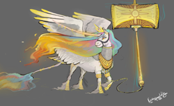 Size: 1538x942 | Tagged: safe, artist:penrosa, princess celestia, alicorn, classical unicorn, pony, unicorn, armor, bracelet, bridle, chainmail, chains, cloven hooves, crown, curved horn, ear piercing, earring, ethereal mane, female, fire, glowing eyes, glowing mane, gray background, hammer, hoof shoes, horn, horn jewelry, horn ring, impossibly large horn, jewelry, large wings, leonine tail, levitation, lidded eyes, long horn, magic, mane, mane of fire, mare, open mouth, peytral, piercing, raised hoof, regalia, simple background, sledgehammer, smiling, smirk, solo, spread wings, tack, tail feathers, tail jewelry, tail ring, telekinesis, unshorn fetlocks, war hammer, weapon, wings