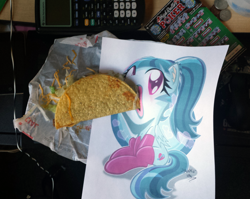 Size: 2848x2266 | Tagged: safe, artist:danmakuman, edit, sonata dusk, pony, equestria girls, rainbow rocks, 31 cents, calculator, equestria girls ponified, irl, photo, poker, ponified, scratcher, sonataco, taco, taco tuesday, that girl sure loves tacos, waifu dinner