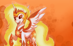 Size: 2560x1600 | Tagged: safe, artist:sacredroses-art, derpibooru import, daybreaker, a royal problem, open mouth, raised hoof, smiling, solo, spread wings, wallpaper, wings