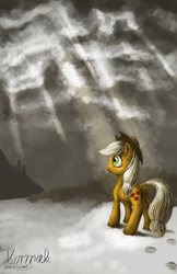 Size: 900x1391 | Tagged: safe, artist:xormak, applejack, earth pony, pony, canterlot, snow, solo