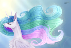 Size: 3500x2380 | Tagged: safe, artist:sofienriquez, princess celestia, alicorn, pony, crepuscular rays, eyes closed, female, mare, profile, solo