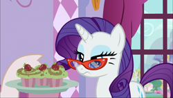 Size: 1920x1080 | Tagged: safe, screencap, pinkie pie, rarity, pony, unicorn, canterlot boutique, cupcake, food, glasses, rarity looking at food