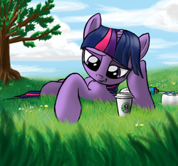 Size: 1024x955 | Tagged: safe, artist:narbarnar, derpibooru import, twilight sparkle, grass, lip bite, sky, solo, starbucks, tree