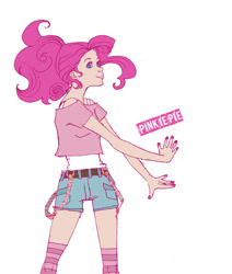 Size: 1012x1193 | Tagged: safe, artist:voodootonic, pinkie pie, human, clothes, humanized, midriff, nail polish, shorts, socks, solo, striped socks, suspenders