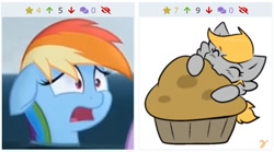 Size: 856x475 | Tagged: safe, derpibooru import, derpy hooves, rainbow dash, pegasus, pony, derpibooru, food, juxtaposition, meta, muffin