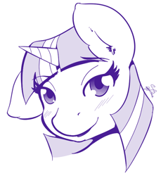 Size: 636x665 | Tagged: safe, artist:krucification, derpibooru import, twilight sparkle, bedroom eyes, blushing, bust, looking at you, monochrome, portrait, solo