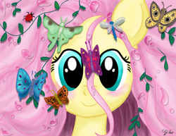 Size: 1024x791 | Tagged: safe, artist:thefcshop, fluttershy, butterfly, dragonfly, ladybug, pegasus, pony, bust, cute, fantasia, fantasia 2000, firebird suite, portrait, shyabetes, solo, spring sprite, stray strand