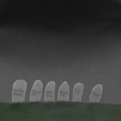 Size: 640x640 | Tagged: safe, artist:mylittlespitfire, derpibooru import, applejack, fluttershy, pinkie pie, rainbow dash, rarity, twilight sparkle, alternate universe, gravestone, implied death, low quality, mane six, no pony, rest in peace, tragedy