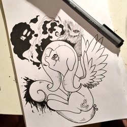 Size: 2048x2048 | Tagged: safe, artist:mizore43, fluttershy, pegasus, pony, black and white, copic, floppy ears, grayscale, lineart, marker, marker drawing, markers, monochrome, open mouth, shadows, sitting, solo, spread wings, teary eyes, traditional art