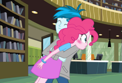 Size: 741x503 | Tagged: safe, artist:mlprocker123, pinkie pie, thunderbass, equestria girls, blushing, hug, library, pinkiebass, shipping