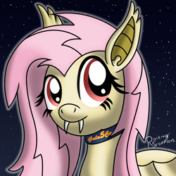 Size: 700x700 | Tagged: safe, artist:rockingscorpion, fluttershy, bat pony, pony, collar, digital art, fangs, flutterbat, night, race swap, solo, starry sky