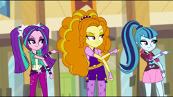 Size: 1920x1080 | Tagged: safe, screencap, adagio dazzle, aria blaze, sonata dusk, equestria girls, rainbow rocks, pointing, scrunchy face, the dazzlings