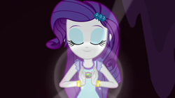 Size: 1280x720 | Tagged: safe, screencap, rarity, equestria girls, legend of everfree, bracelet, camp everfree, camp everfree logo, camp everfree outfits, eyes closed, eyeshadow, female, geode of shielding, jewelry, makeup, meditating, pretty, smiling, solo