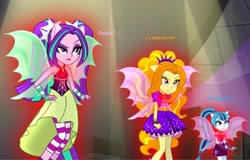 Size: 1942x1246 | Tagged: safe, screencap, adagio dazzle, aria blaze, sonata dusk, equestria girls, rainbow rocks, bare shoulders, fin wings, for realzies, ponied up, sleeveless, the dazzlings