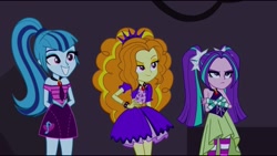 Size: 1136x640 | Tagged: safe, screencap, adagio dazzle, aria blaze, sonata dusk, equestria girls, rainbow rocks, bare shoulders, sleeveless, smiling, the dazzlings