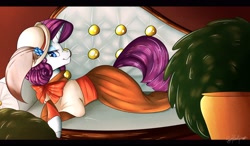 Size: 3300x1928 | Tagged: safe, artist:mapleiciousmlp, rarity, pony, unicorn, fainting couch, female, hat, mare, potted plant, solo