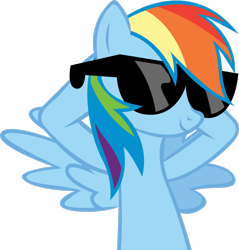 Size: 2392x2507 | Tagged: safe, artist:rainbowcrab, derpibooru import, rainbow dash, pegasus, pony, lesson zero, bust, chillaxing, cool, cute, dashabetes, female, hooves behind head, mare, relaxing, simple background, smiling, solo, sunglasses, transparent background, vector, wings