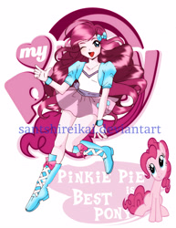 Size: 2550x3300 | Tagged: safe, artist:santshireikai, pinkie pie, earth pony, pony, equestria girls, clothes, female, mare, my little pony logo, open mouth, pink coat, pink hair, pink mane, pink skin, pink tail, shoes, sitting, watermark