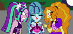 Size: 2428x1132 | Tagged: safe, artist:queentigrel, adagio dazzle, aria blaze, sonata dusk, equestria girls, rainbow rocks, aftermath, angry, argument, clothes, moon, night, pointing, sleeveless, the dazzlings, tree