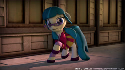 Size: 9600x5400 | Tagged: safe, artist:imafutureguitarhero, derpibooru import, juniper montage, pony, equestria girls, spoiler:eqg specials, 3d, absurd resolution, clothes, dress, equestria girls ponified, glasses, looking at you, ponified, raised hoof, shoes, sidewalk, smiling, solo, source filmmaker, wallpaper