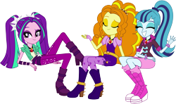 Size: 4145x2462 | Tagged: safe, artist:givralix, adagio dazzle, aria blaze, sonata dusk, equestria girls, rainbow rocks, absurd resolution, amulet, boots, clothes, eyes closed, group, happy, high heel boots, necklace, simple background, skirt, smiling, spikes, svg, the dazzlings, transparent background, trio, vector, waving
