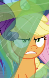 Size: 231x369 | Tagged: safe, derpibooru import, screencap, applejack, fluttershy, rainbow dash, rarity, earth pony, pegasus, pony, unicorn, the ending of the end, angry, applejack is not amused, cropped, leak, shrunken pupils, solo focus, unamused