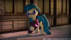 Size: 9600x5400 | Tagged: safe, alternate version, artist:imafutureguitarhero, derpibooru import, juniper montage, pony, equestria girls, spoiler:eqg specials, 3d, absurd resolution, adidas, clothes, equestria girls ponified, glasses, hoodie, looking at you, ponified, raised hoof, sidewalk, smiling, solo, source filmmaker, tracksuit, wallpaper