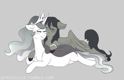 Size: 3505x2257 | Tagged: safe, artist:feellikeaplat, princess celestia, oc, oc:rally flag, alicorn, pegasus, pony, blanket, blushing, canon x oc, eyes closed, female, kiss on the cheek, kissing, lying on top of someone, male, preglestia, pregnant, rallylestia, ring, shipping, straight, wedding ring