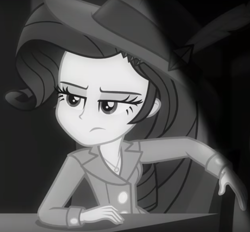 Size: 665x617 | Tagged: safe, screencap, rarity, better together, equestria girls, rarity investigates: the case of the bedazzled boot, cropped, detective rarity, monochrome, noir, rarity investigates (eqg): pinkie pie, reaction image, solo