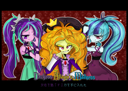 Size: 1539x1104 | Tagged: safe, artist:jankrys00, adagio dazzle, aria blaze, sonata dusk, equestria girls, rainbow rocks, japanese, sleeveless, the dazzlings, vocaloid