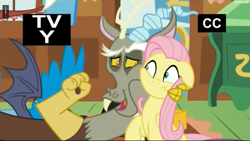 Size: 2535x1431 | Tagged: safe, screencap, discord, fluttershy, pegasus, pony, dungeons and discords, tv-y