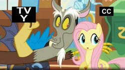 Size: 1663x926 | Tagged: safe, screencap, discord, fluttershy, pegasus, pony, dungeons and discords, tv-y