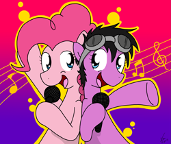 Size: 1685x1417 | Tagged: safe, artist:sandwich-anomaly, pinkie pie, oc, earth pony, pony, goggles, microphone