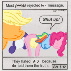 Size: 512x512 | Tagged: safe, artist:eddy original, derpibooru import, applejack, fluttershy, pinkie pie, rainbow dash, rarity, earth pony, pegasus, pony, unicorn, the summer sun setback, chick tract, comic, female, speech bubble