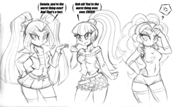 Size: 2000x1232 | Tagged: safe, artist:danmakuman, adagio dazzle, aria blaze, sonata dusk, equestria girls, alternate costumes, argument, clothes, dialogue, jacket, miniskirt, monochrome, pigtails, ponytail, skirt, traditional art, twintails, zettai ryouiki