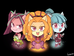 Size: 800x600 | Tagged: safe, artist:raichi, adagio dazzle, aria blaze, sonata dusk, equestria girls, rainbow rocks, adoragio, ariabetes, chibi, cute, dazzlebetes, looking at you, open mouth, ponied up, pony ears, smiling, smirk, sonatabetes, the dazzlings