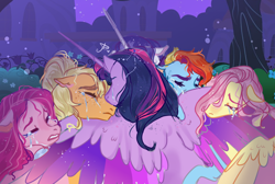 Size: 1984x1332 | Tagged: safe, artist:bunnari, derpibooru import, applejack, fluttershy, pinkie pie, rainbow dash, rarity, twilight sparkle, twilight sparkle (alicorn), alicorn, earth pony, pegasus, pony, unicorn, crying, group hug, hug, mane six, sad, winghug