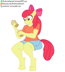 Size: 800x880 | Tagged: safe, artist:professordoctorc, part of a set, apple bloom, anthro, unguligrade anthro, clothes, commission, cupcake, eating, food, older, simple background, solo, unshorn fetlocks, weight gain, white background