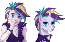 Size: 1376x882 | Tagged: safe, artist:bubblenote, rarity, human, pony, :p, alternate hairstyle, clothes, female, humanized, looking at you, punk, raripunk, silly, simple background, tongue out, white background