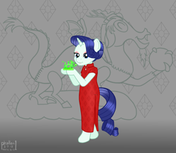 Size: 1500x1300 | Tagged: safe, artist:phallen1, discord, rarity, oc, oc:precious jade, pony, semi-anthro, unicorn, alternate universe, bipedal, cheongsam, clothes, daringverse, eyeshadow, jewel, lipstick, makeup, statue