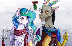 Size: 1131x714 | Tagged: safe, artist:hikariviny, discord, princess celestia, alicorn, draconequus, pony, christmas, christmas lights, clothes, dislestia, female, holiday, looking at each other, male, mare, mistletoe, scarf, shipping, snow, snowfall, straight