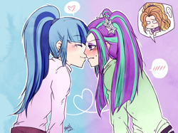 Size: 650x485 | Tagged: safe, artist:samonferrari, adagio dazzle, aria blaze, sonata dusk, equestria girls, rainbow rocks, arisona, blushing, cute, female, lesbian, shipping, tsundaria, tsundere